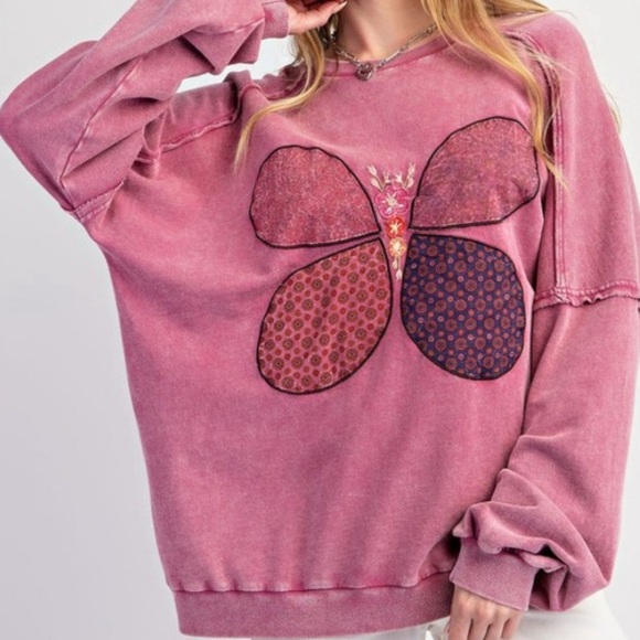 77. LAST 1! Easel Pink Sweatshirt Embroidered Applique Flower Patch Butterfly - Picture 2 of 5